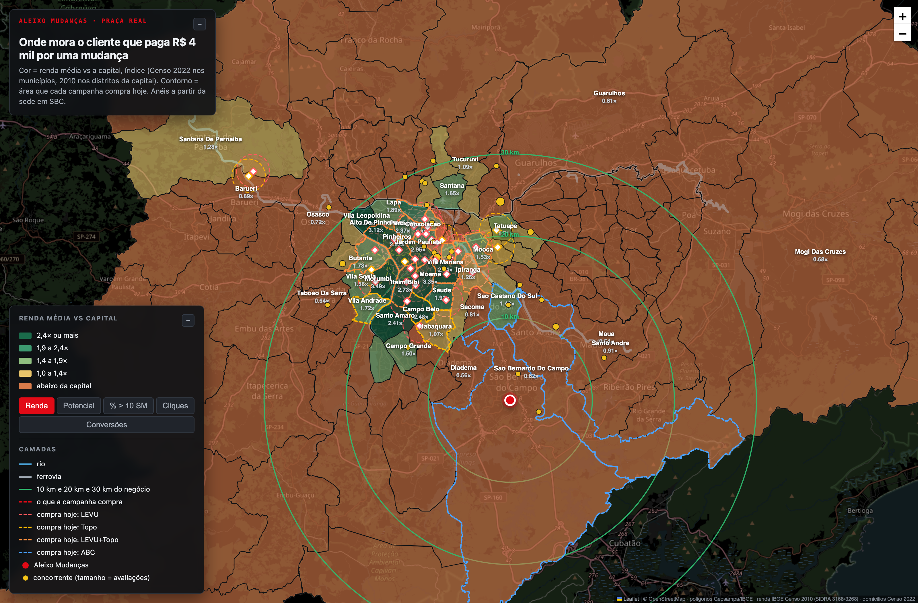 Mapa de renda por área com a cobertura das campanhas